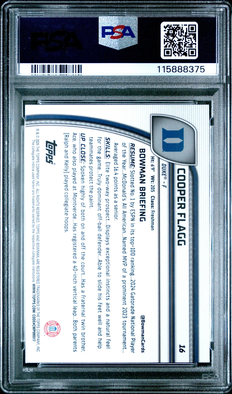 2024 Bowman Chrome University 16 Cooper Flagg Purple Lava PSA