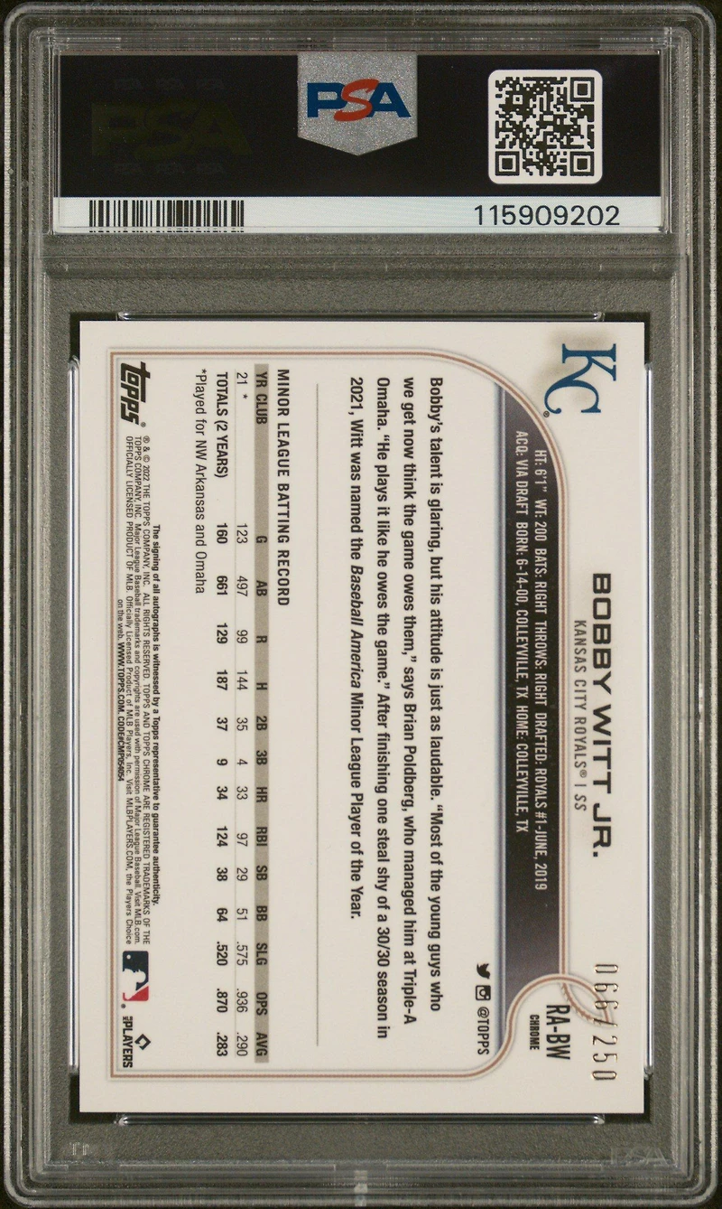 2022 Topps Chrome Rookie Autographs Rabw Bobby Witt Jr. Purple Refractor PSA 9