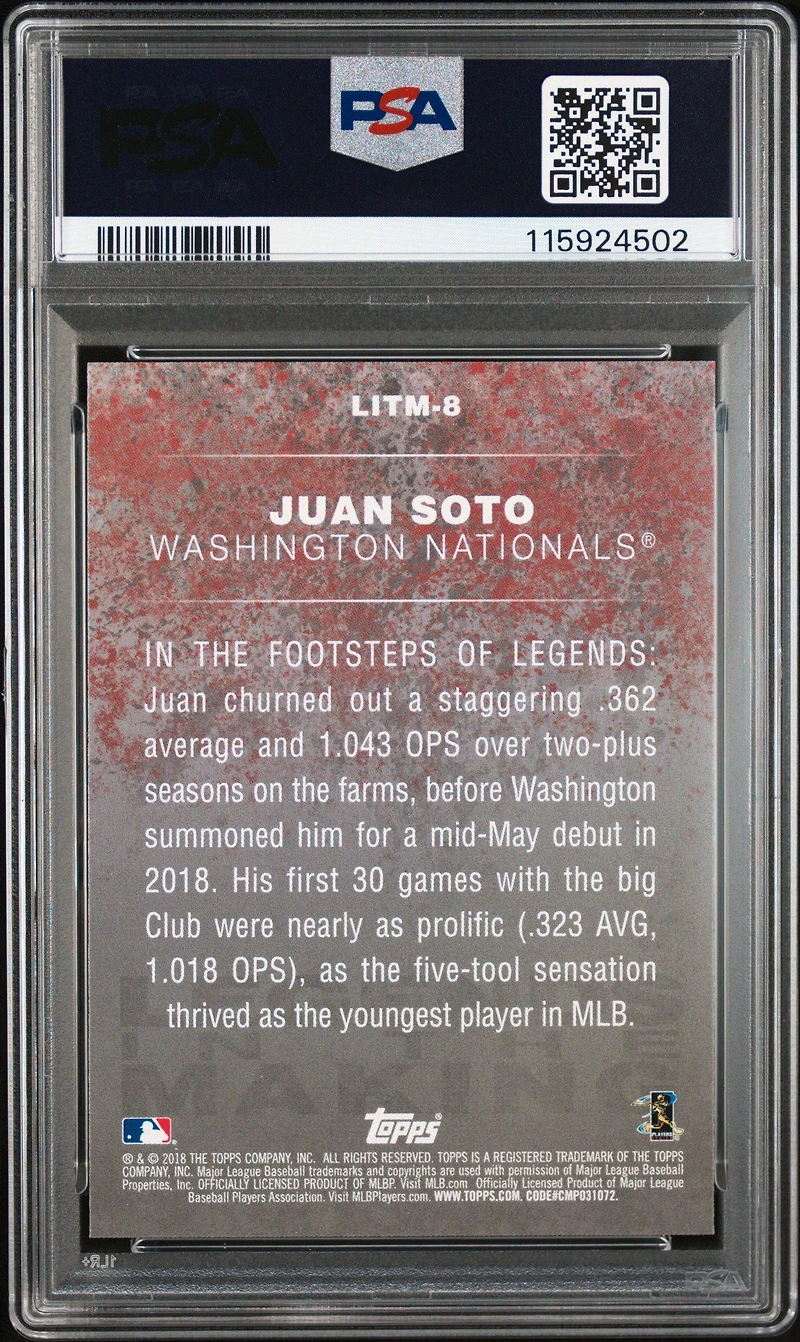 2018 Topps Update Legends In The Making Litm-8 Juan Soto PSA 10