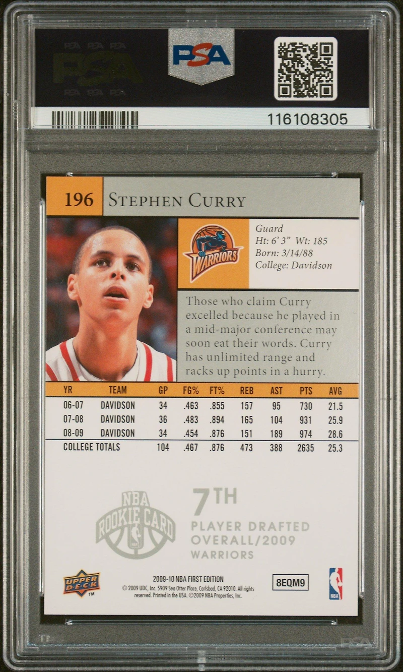 2009 Upper Deck First Edition 196 Stephen Curry PSA