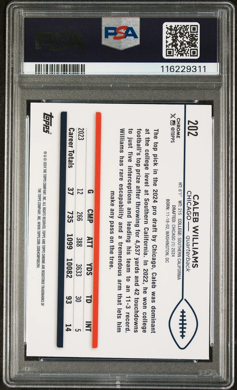 2024 Topps Chrome 202 Caleb Williams Prism Refractor PSA 10