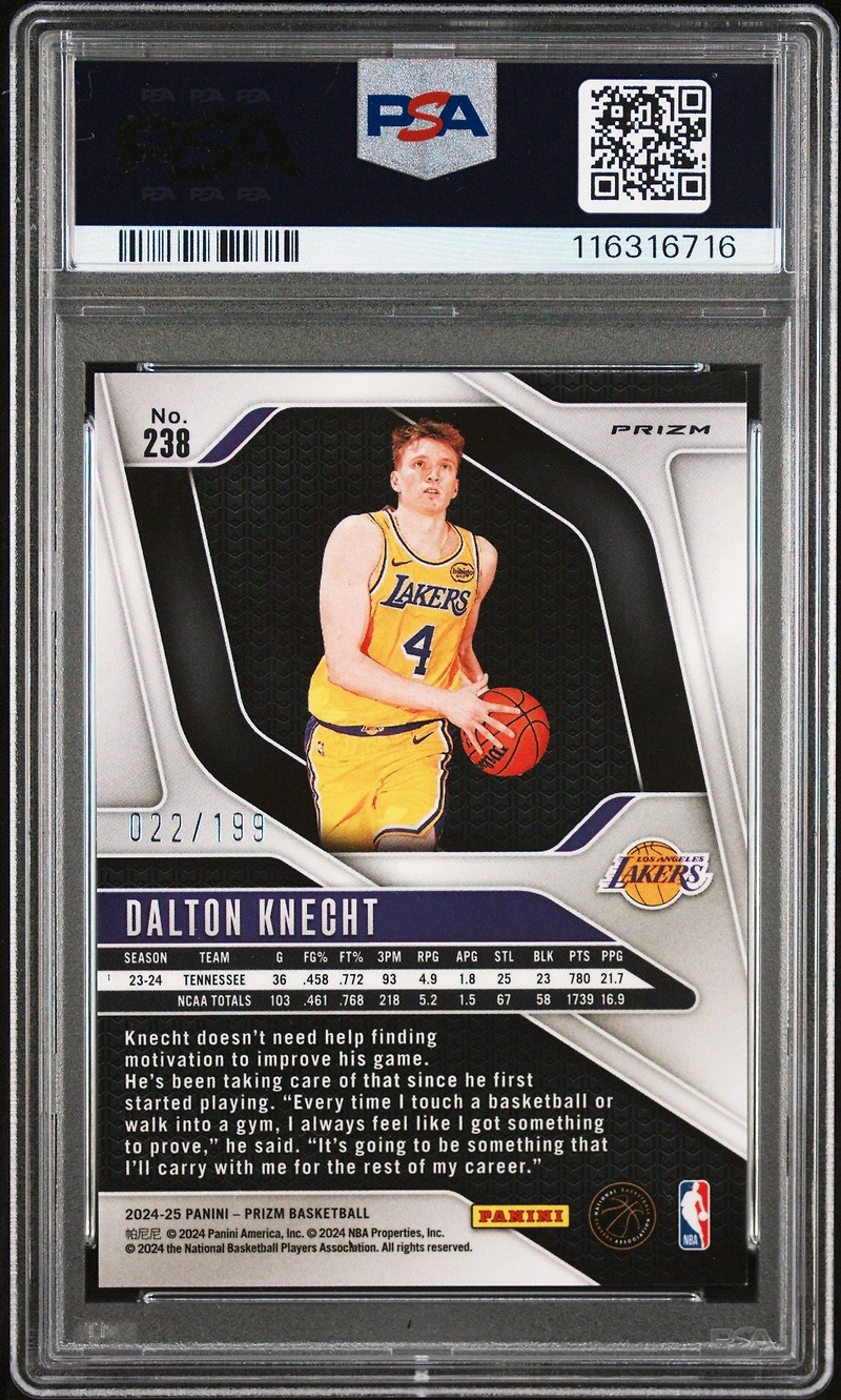 2024 Panini Prizm 238 Dalton Knecht Blue Prizm PSA 10