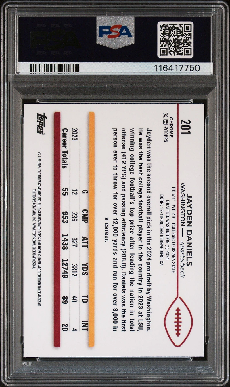 2024 Topps Chrome 201 Jayden Daniels Sepia Refractor PSA 10