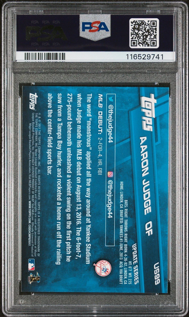 2017 Topps Update Us99 Aaron Judge Rookie Debut PSA