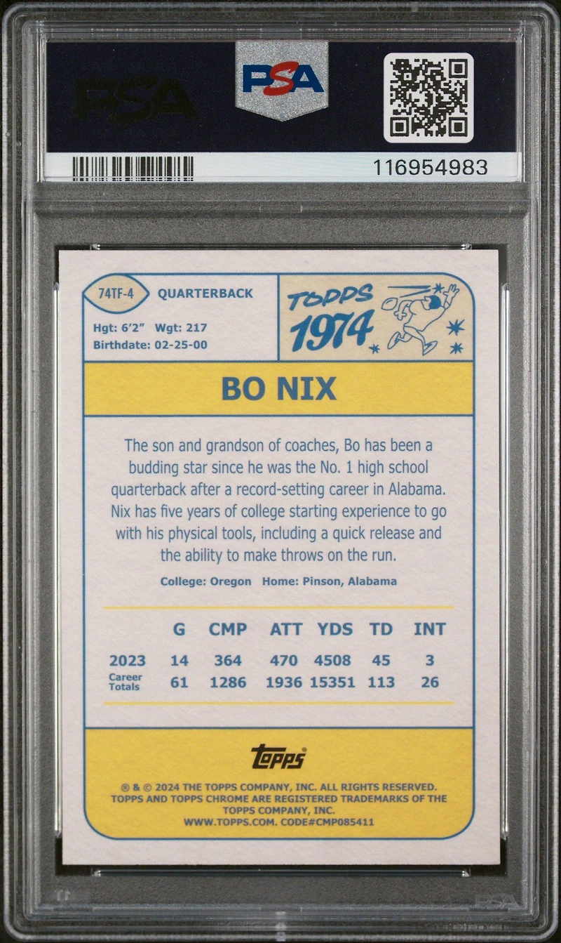 2024 Topps Chrome 1974 Topps Football 74tf4 Bo Nix Lazer Refractor PSA 10