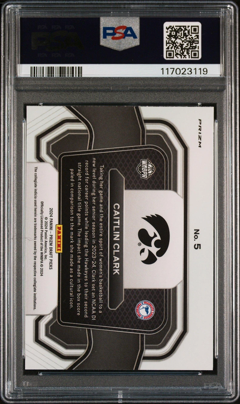 2024 Panini Prizm Draft Picks Campus Legends 5 Caitlin Clark Purple Wave PSA