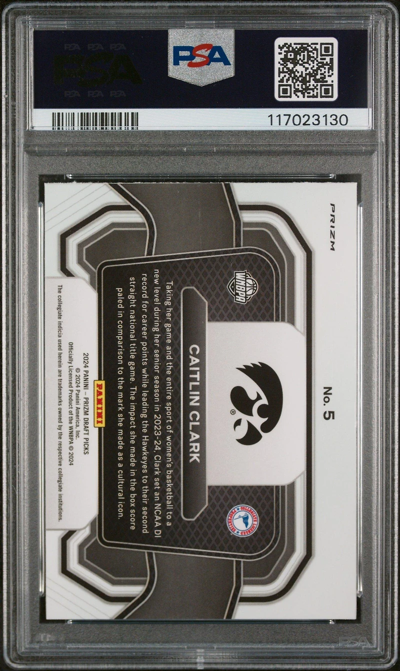 2024 Panini Prizm Draft Picks Campus Legends 5 Caitlin Clark Purple Wave PSA 10