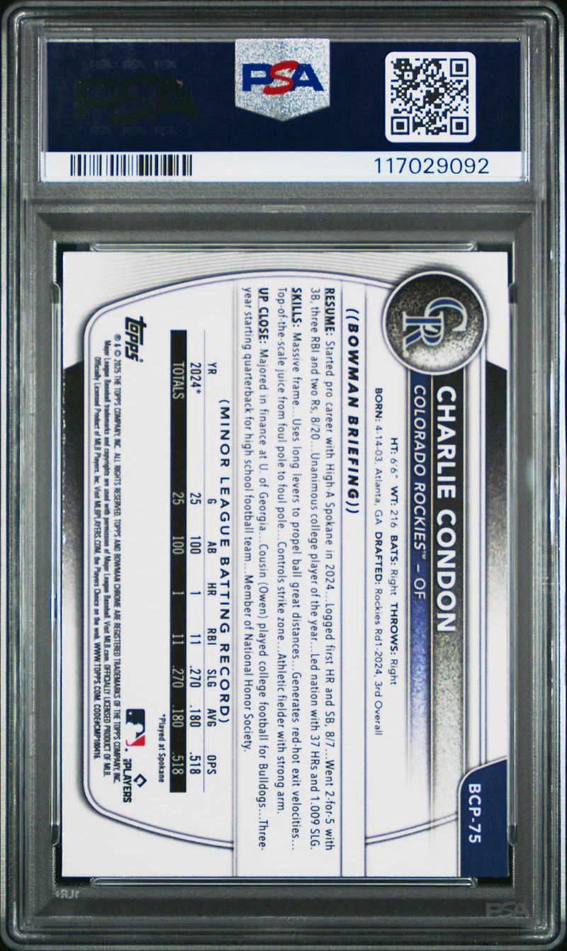 2025 Bowman Chrome Prospects Bcp75 Charlie Condon Reptilian Refractor PSA 10