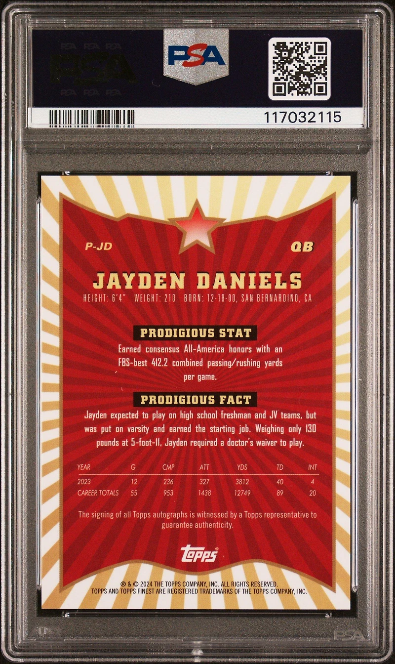 2024 Topps Finest Prodigies Autographs Pjd Jayden Daniels PSA 10