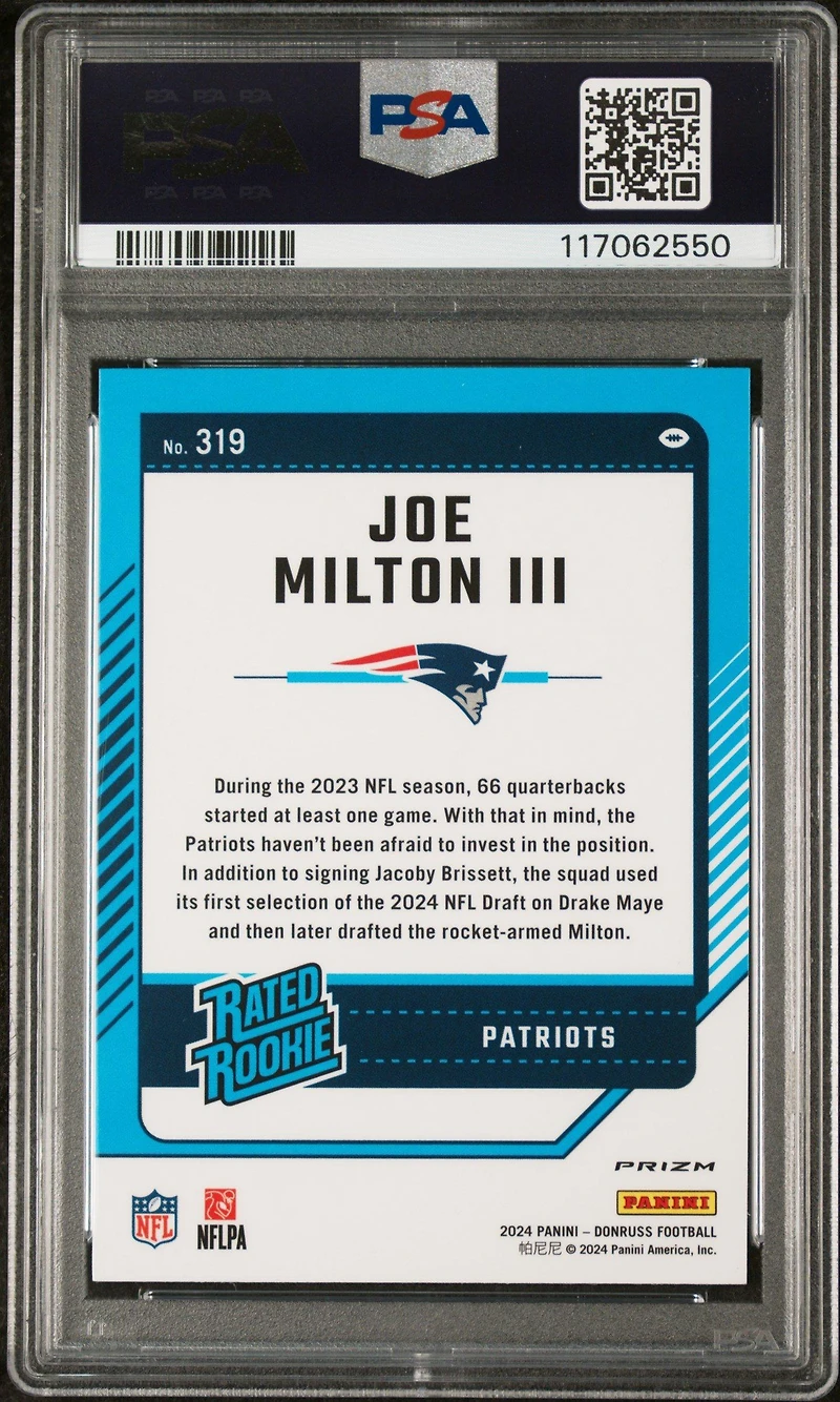 2024 Panini Donruss 319 Joe Milton Iii Optic Preview-pink PSA 10