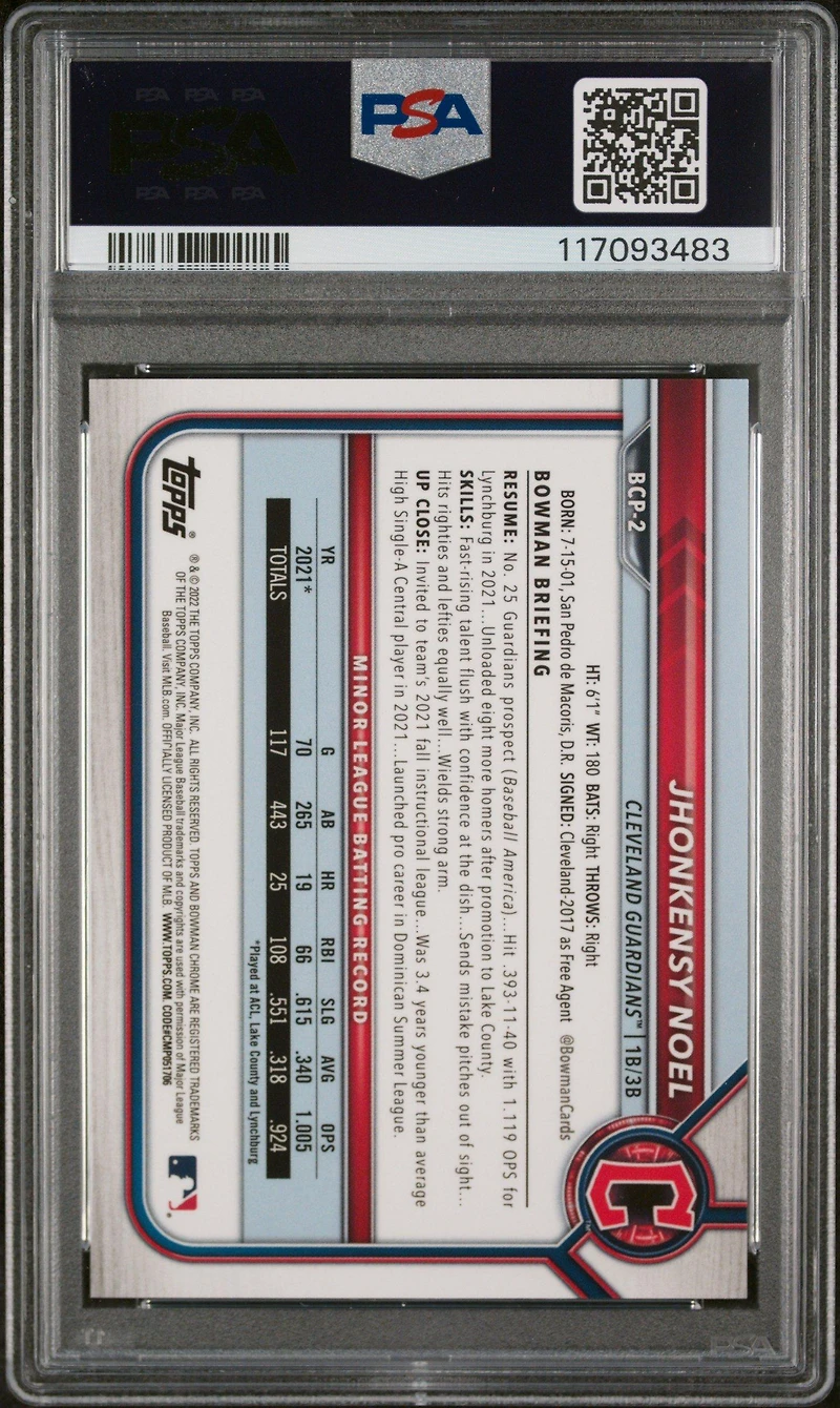 2022 Bowman Chrome Prospects Bcp2 Jhonkensy Noel Blue Refractor PSA 10