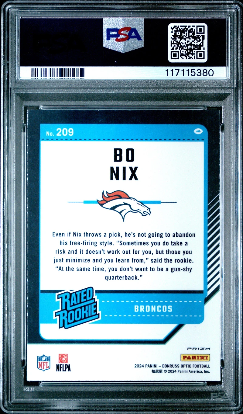 2024 Panini Donruss Optic 209 Bo Nix Blue Hyper PSA 9