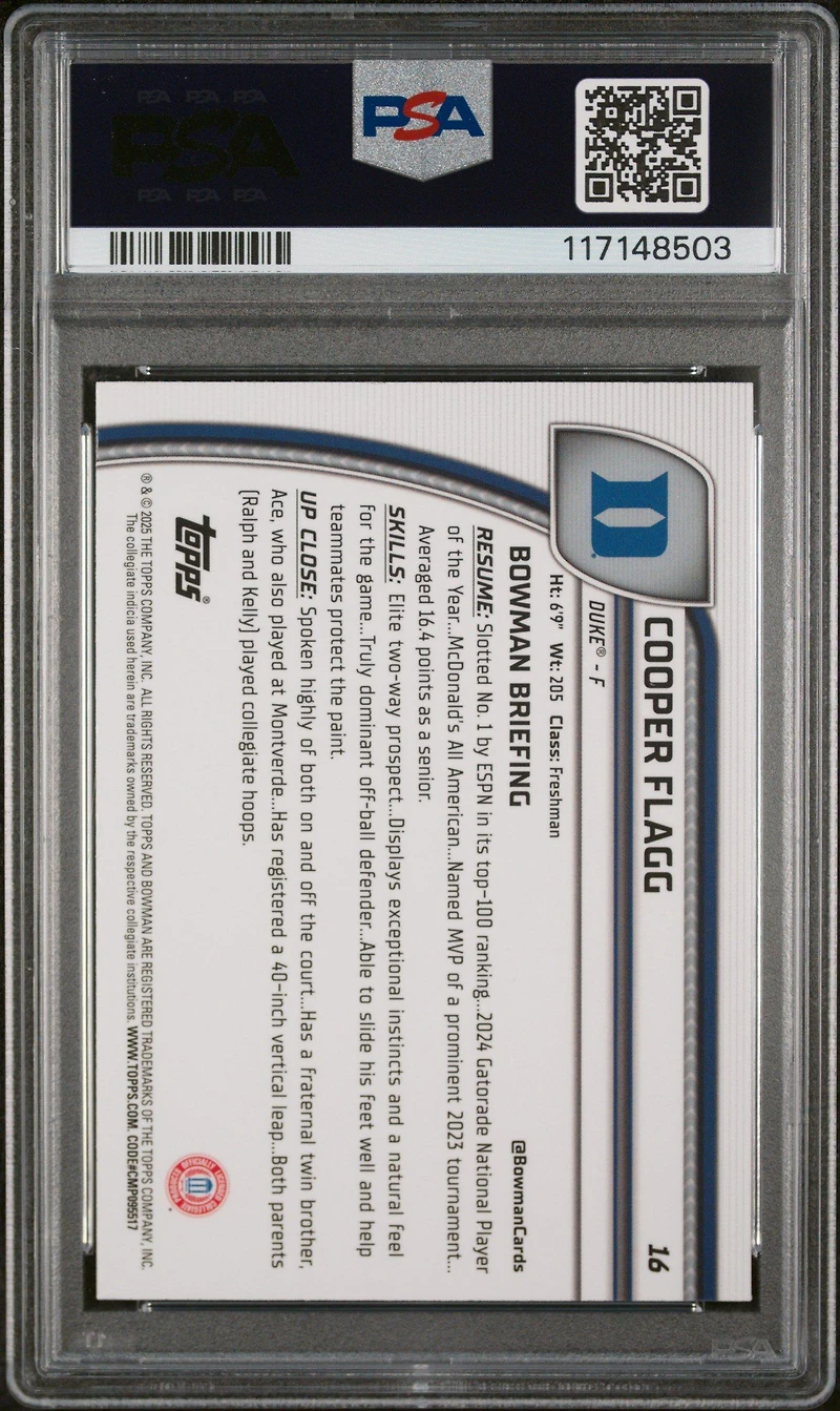2024 Bowman Chrome University 16 Cooper Flagg PSA 9