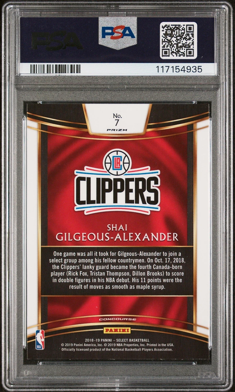 2018 Panini Select 7 Shai Gilgeous-alexander Tri-color Prizm PSA 10