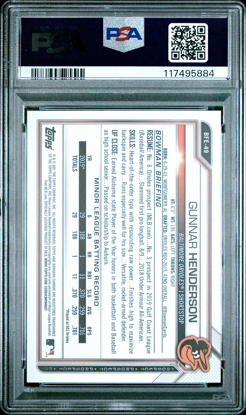 2021 Bowman 1st Edition Bfe49 Gunnar Henderson Blue Foil PSA 10