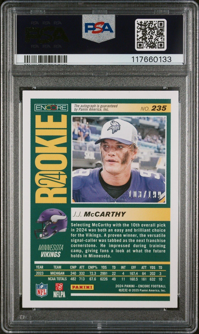 2024 Panini Encore 235 Jj Mccarthy Rookie Autograph PSA 9