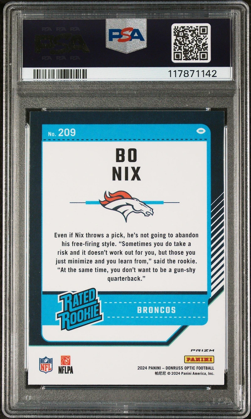 2024 Panini Donruss Optic 209 Bo Nix Purple Shock PSA 9