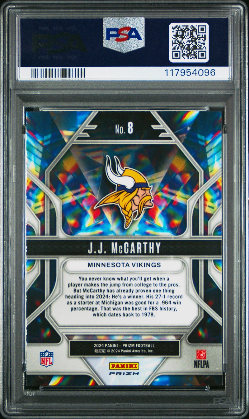2024 Panini Prizm Prizmatic 8 Jj Mccarthy Green Wave PSA 10