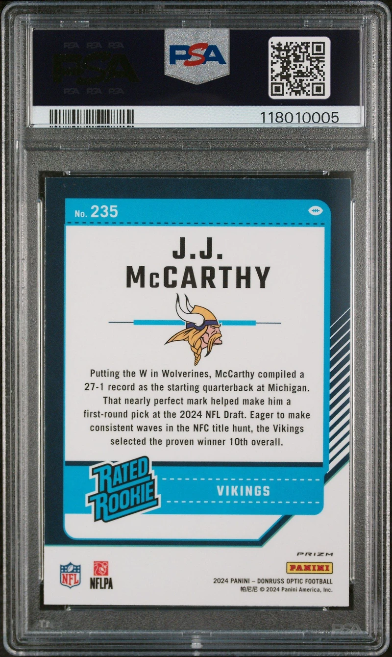 2024 Panini Donruss Optic 235 Jj Mccarthy Purple Shock PSA 10