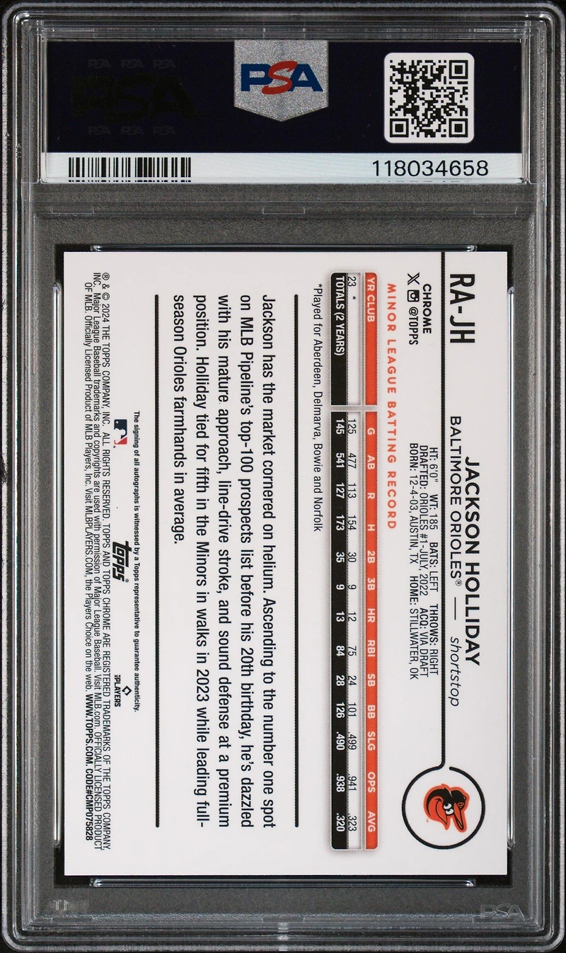 2024 Topps Chrome Rookie Autographs Rajh Jackson Holliday Blue Raywave PSA 10