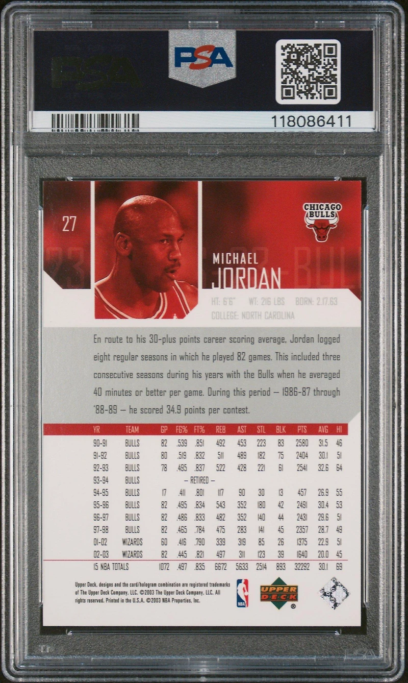 2003 Upper Deck 27 Michael Jordan PSA 10