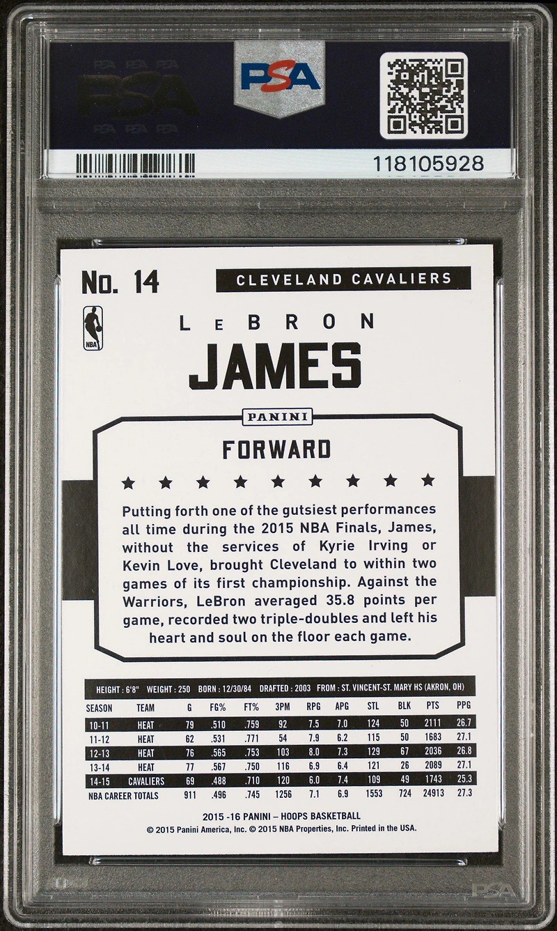 2015 Panini Hoops 14 Lebron James PSA 8