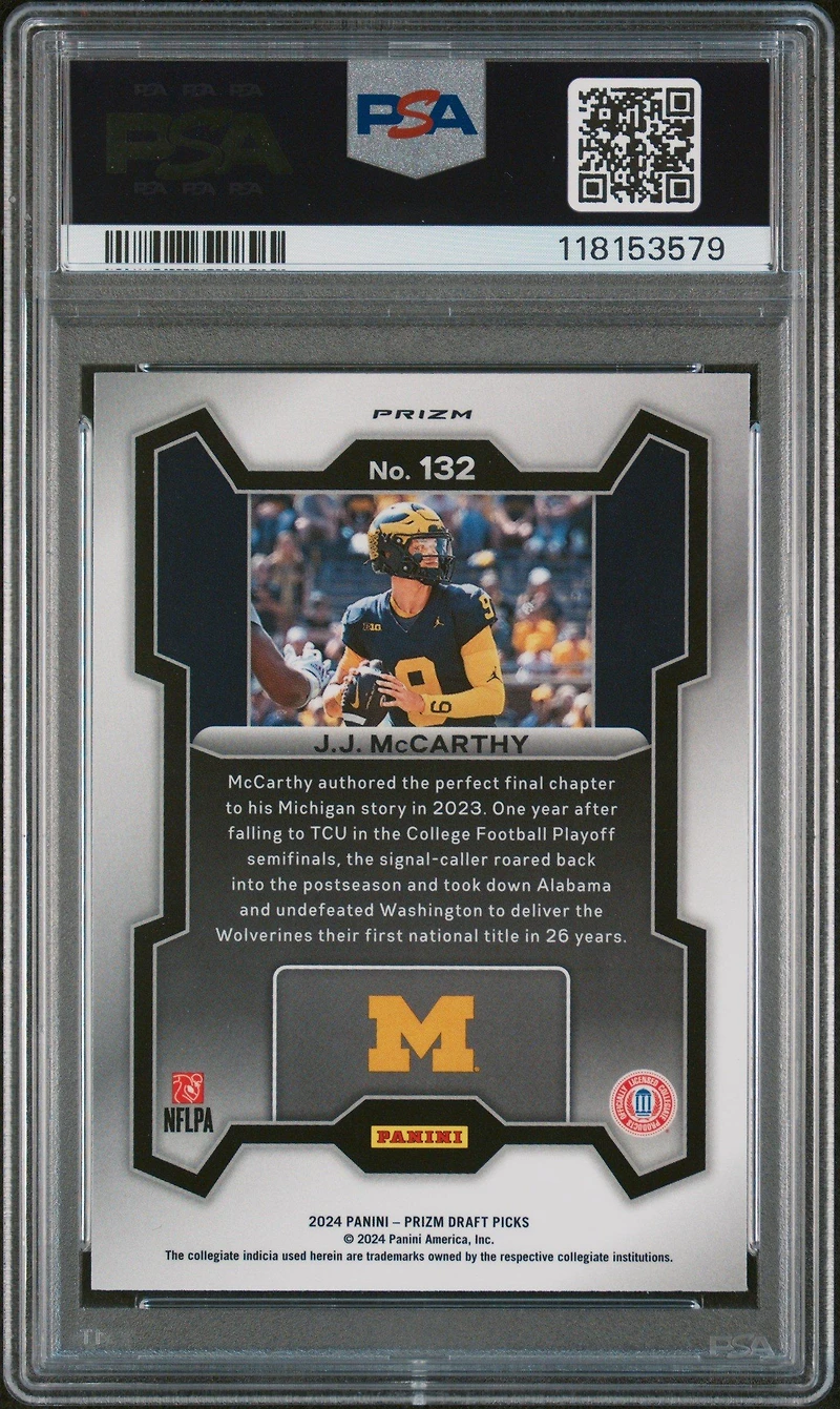 2024 Panini Prizm Draft Picks 132 Jj Mccarthy Purple Wave PSA 9
