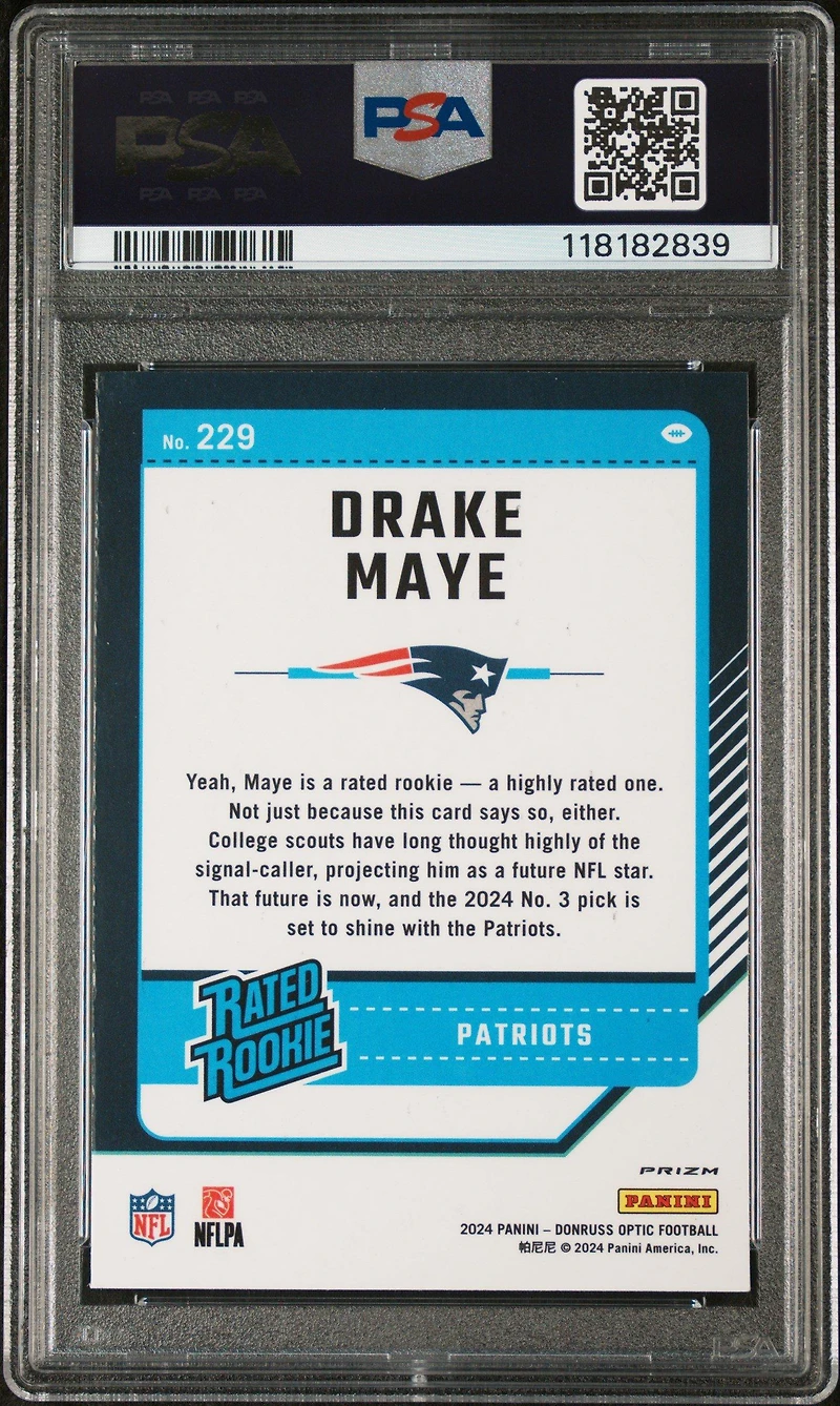 2024 Panini Donruss Optic 229 Drake Maye Blue Scope PSA 9