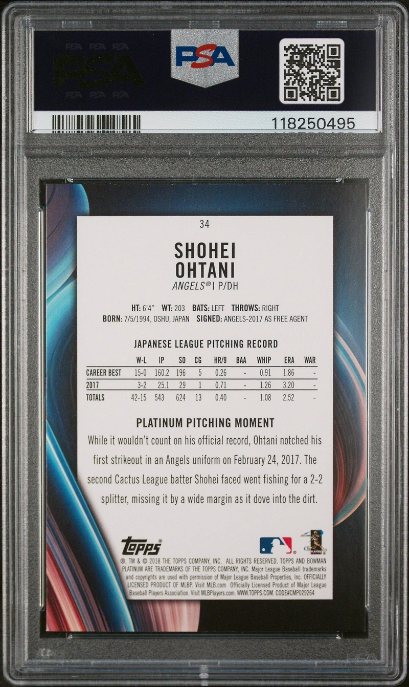 2018 Bowman Platinum 34 Shohei Ohtani With Glove PSA 9