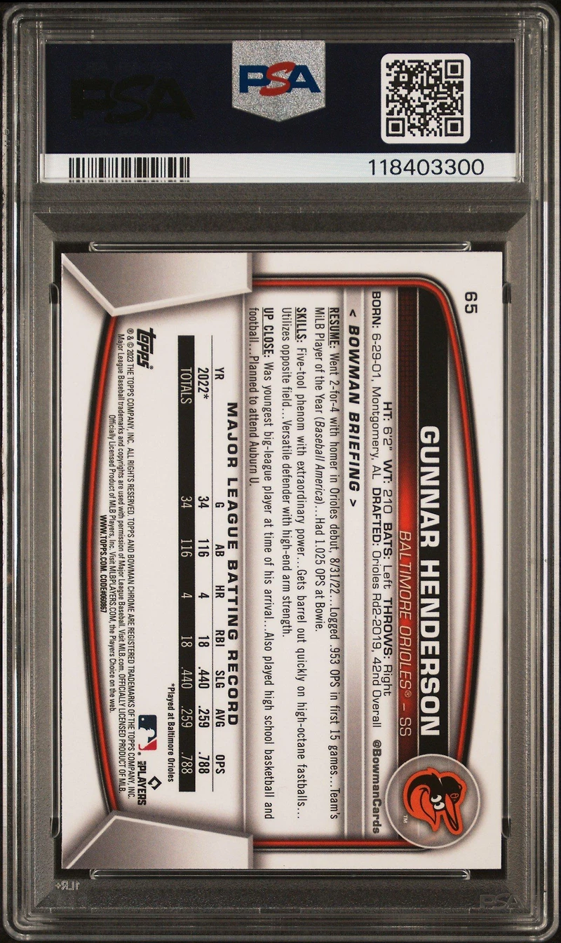 2023 Bowman Mega Box Chrome 65 Gunnar Henderson PSA 10