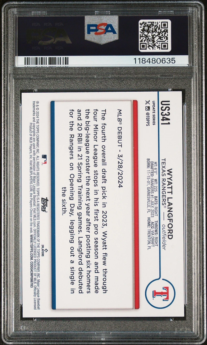 2024 Topps Update Us341 Wyatt Langford Holiday PSA 10