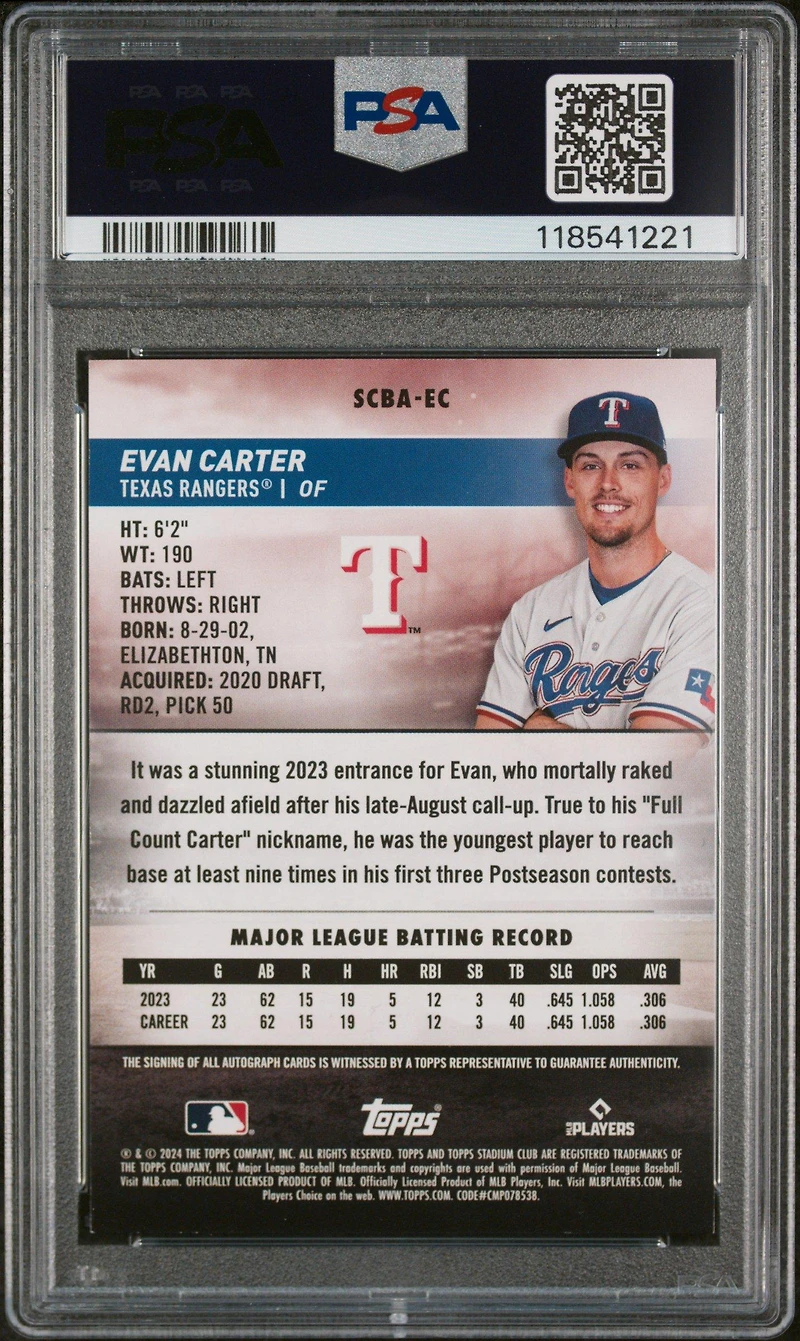 2024 Topps Stadium Club Base Autographs Scbaec Evan Carter PSA 9