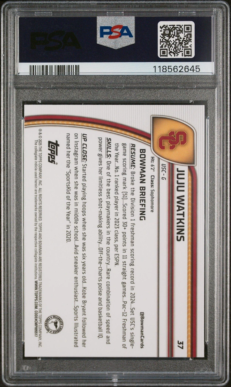 2024 Bowman Chrome University 37 Juju Watkins PSA 10