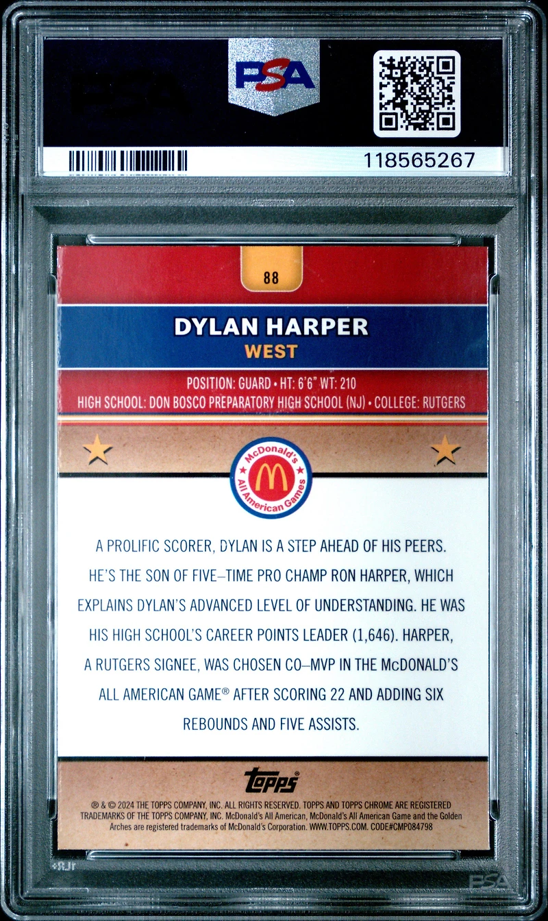 2024 Topps Chrome Mcdonald's All American 88 Dylan Harper Mcflurry Refractor PSA 10