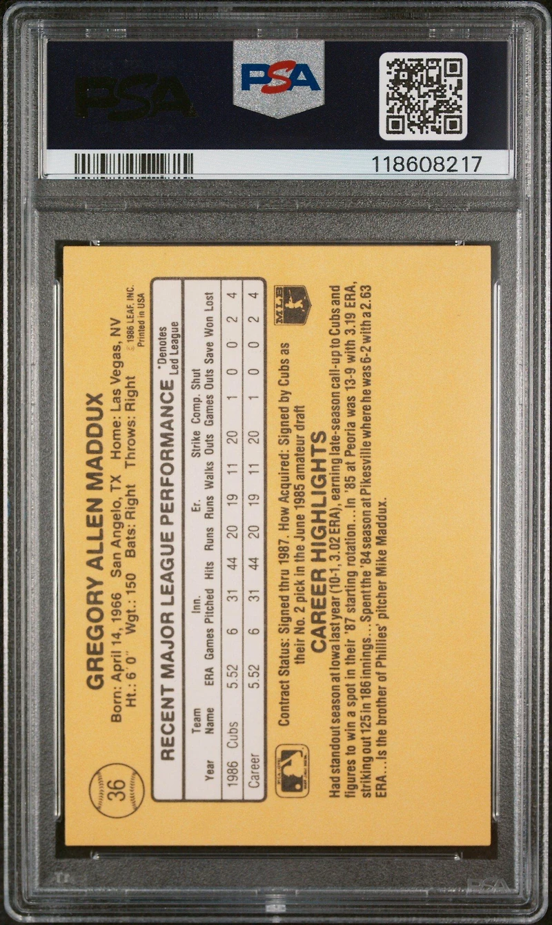 1987 Donruss 36 Greg Maddux PSA