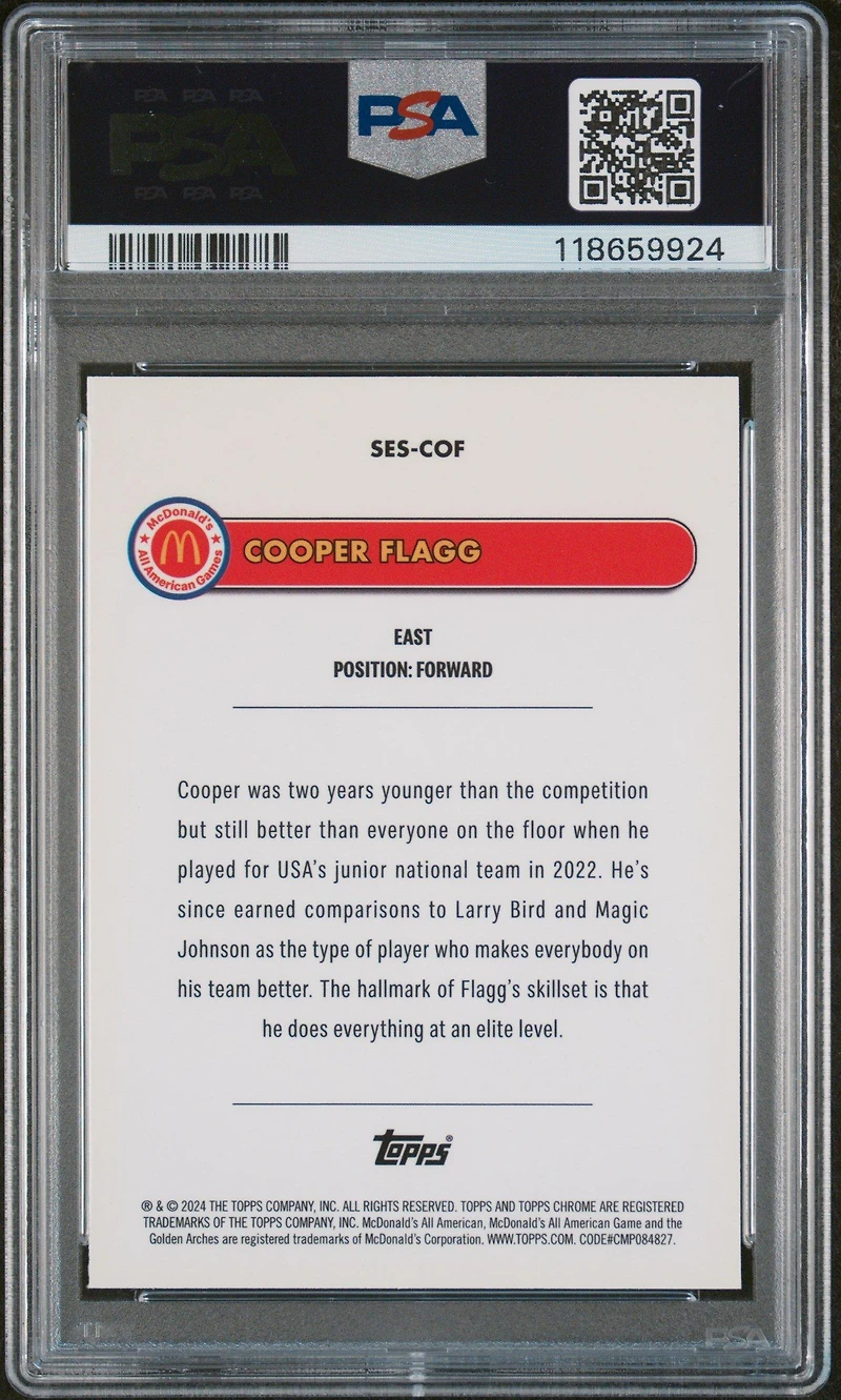 2024 Topps Chrome Mcdonald's All American Major Stars Cof Cooper Flagg Blue Raywave PSA 9