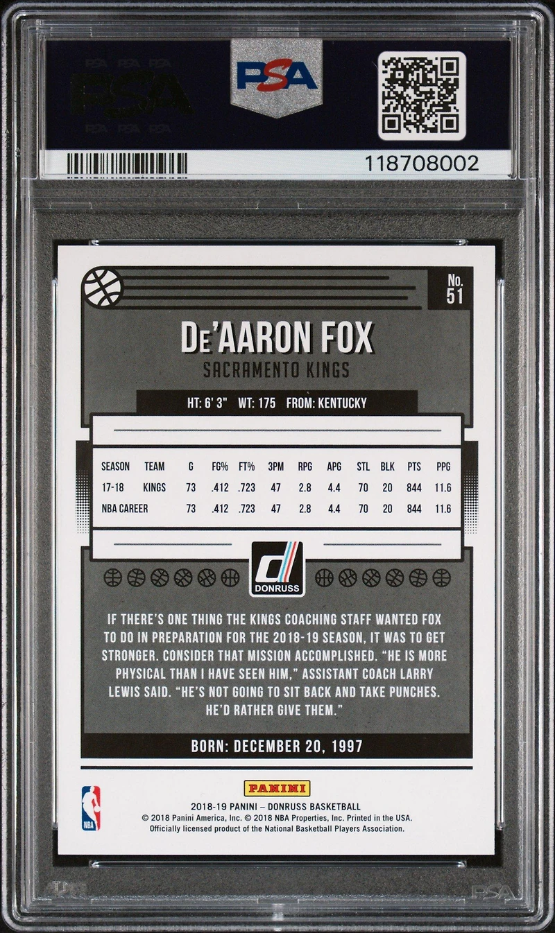 2018 Panini Donruss 51 De'aaron Fox Press Proof Gold Laser PSA 9