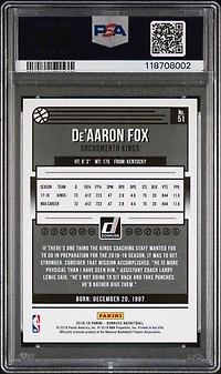 2018 Panini Donruss 51 De'aaron Fox Press Proof Gold Laser PSA 9