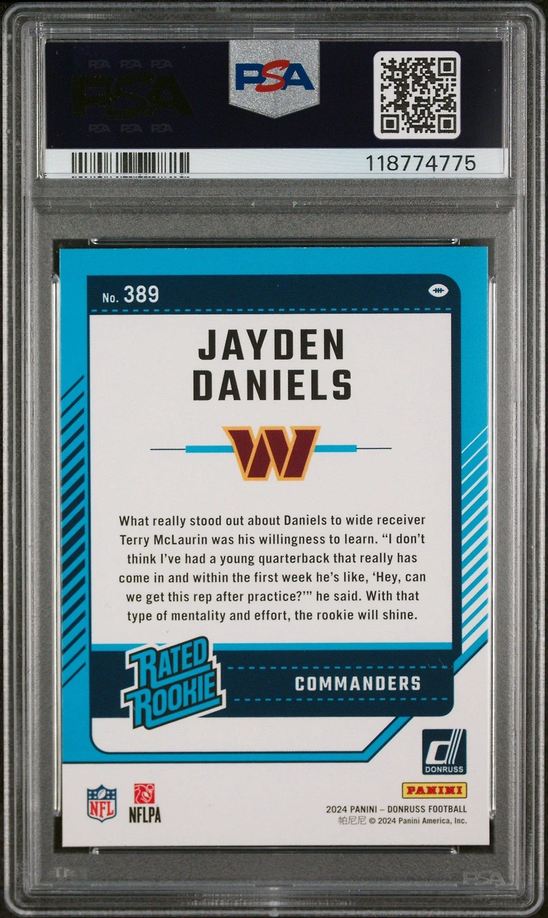 2024 Panini Donruss 389 Jayden Daniels Press Proof Yellow PSA 9