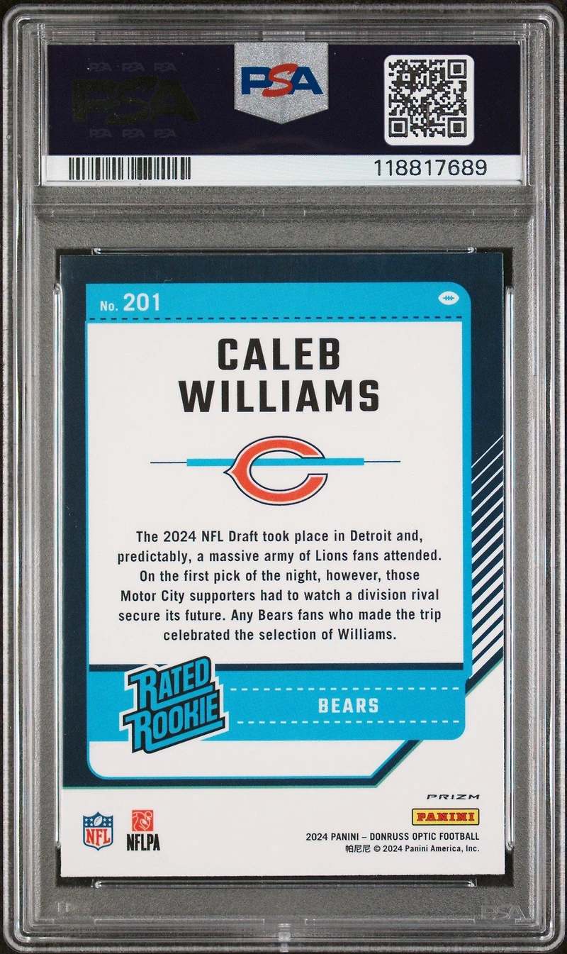2024 Panini Donruss Optic 201 Caleb Williams Blue Hyper PSA 9