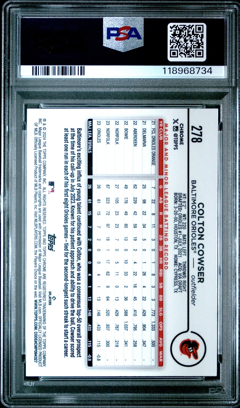 2024 Topps Chrome 278 Colton Cowser Big Apple Refractor PSA 9