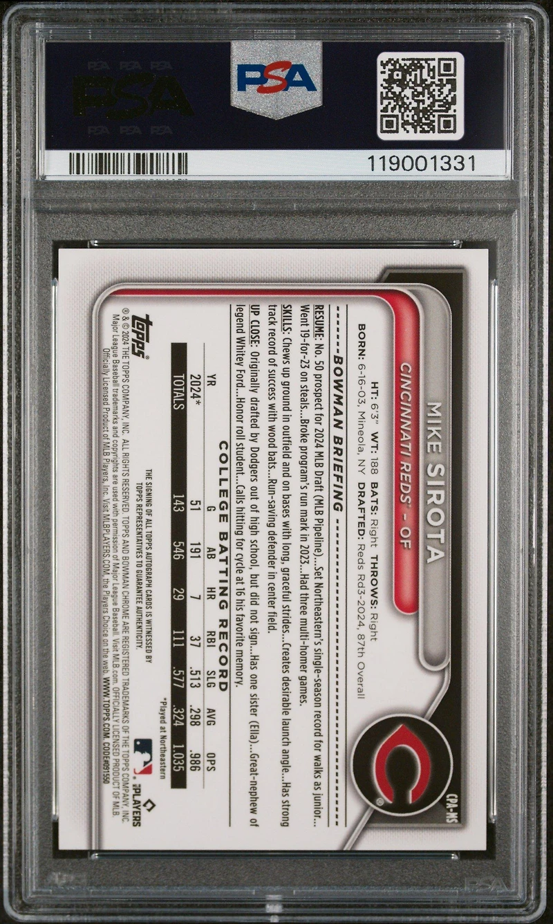 2024 Bowman Draft Chrome Prospect Autographs Cpams Mike Sirota Blue Refractor PSA 9