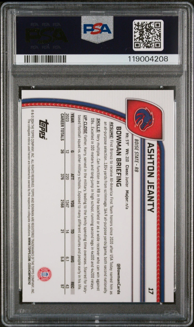 2024 Bowman University Chrome Sapphire 17 Ashton Jeanty PSA 10