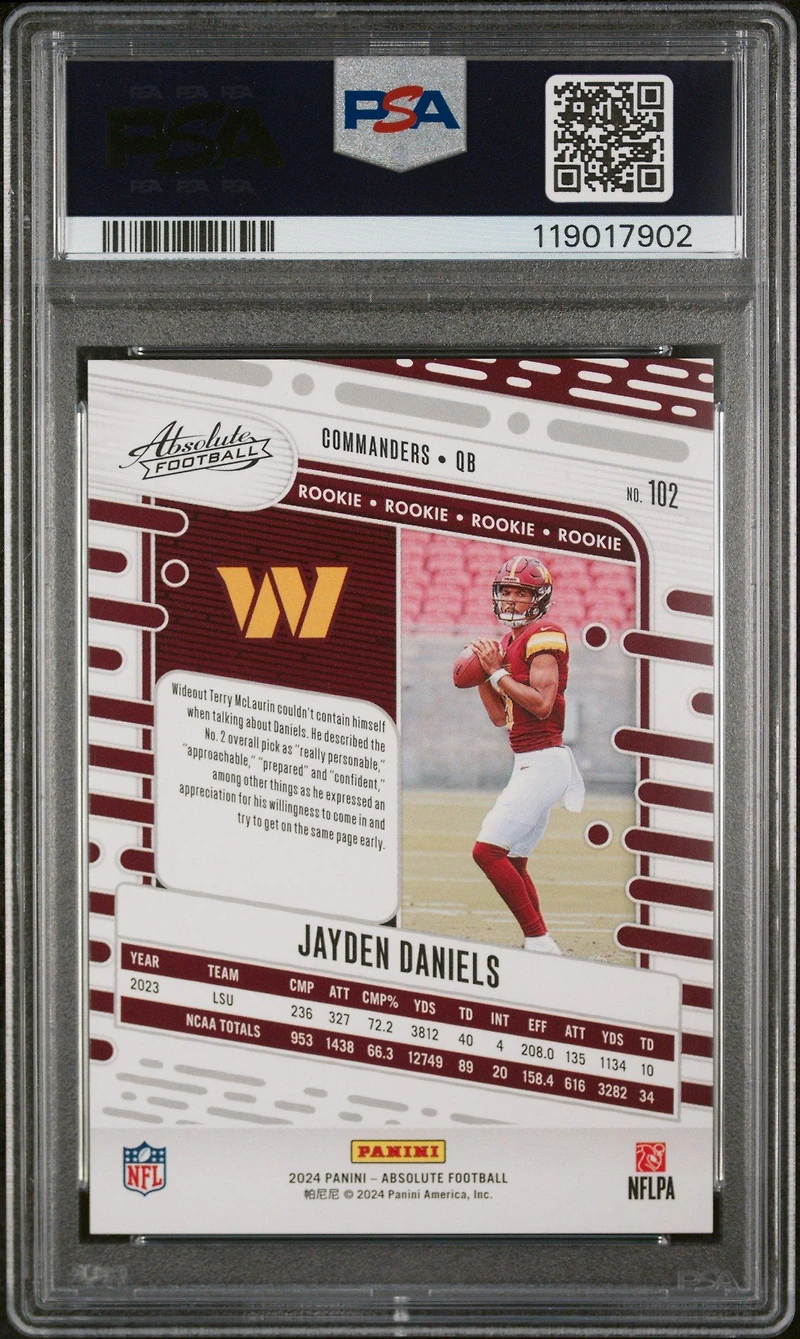 2024 Panini Absolute 102 Jayden Daniels Blue Diamonds PSA 9