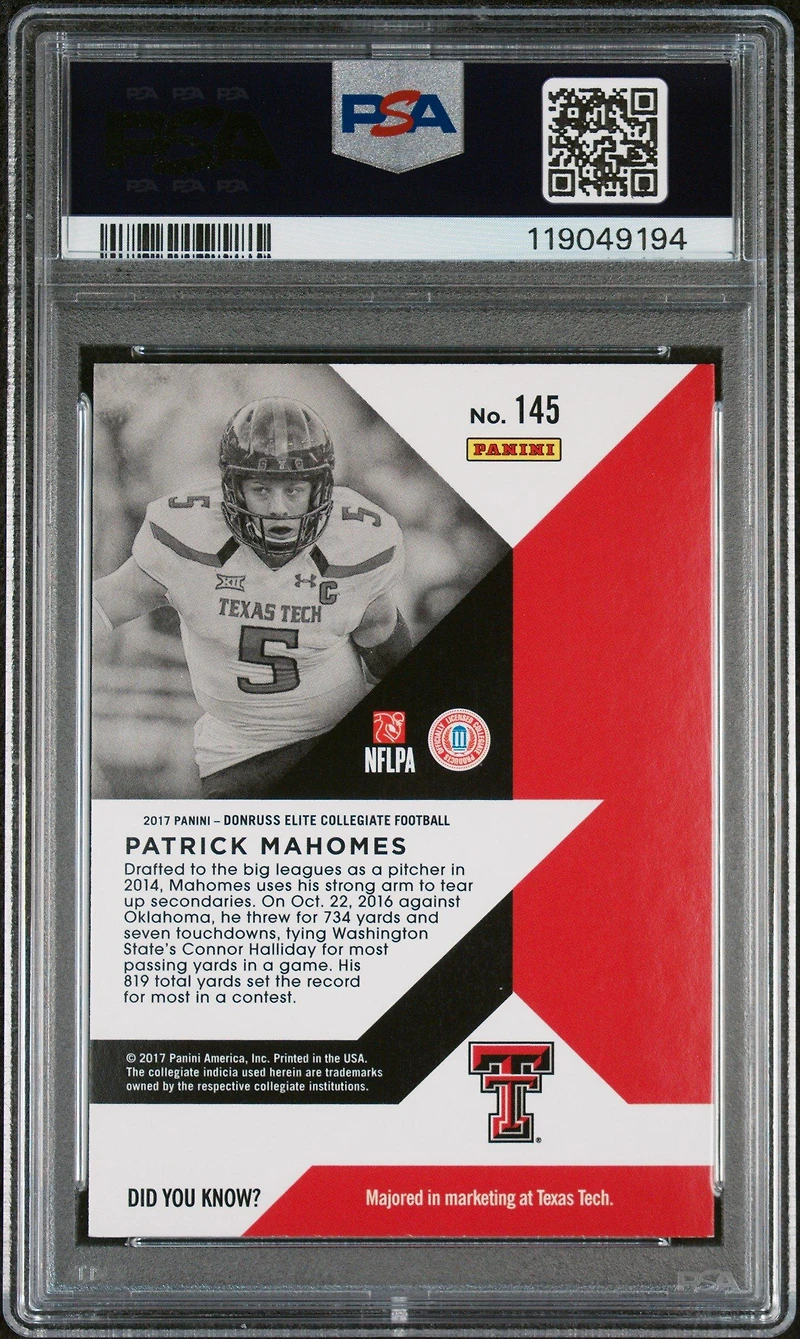 2017 Panini Elite Draft Picks 145 Patrick Mahomes Ii PSA 9