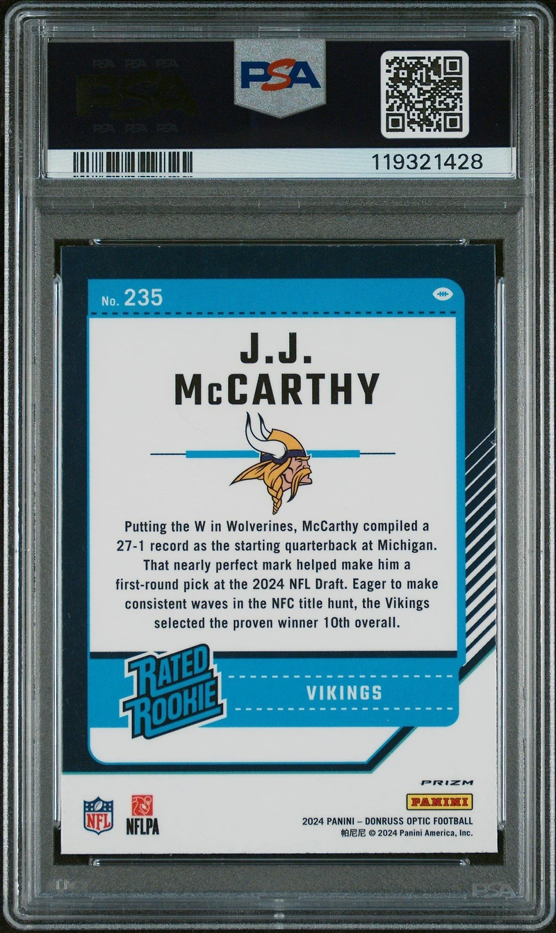 2024 Panini Donruss Optic 235 Jj Mccarthy Blue Hyper PSA 10