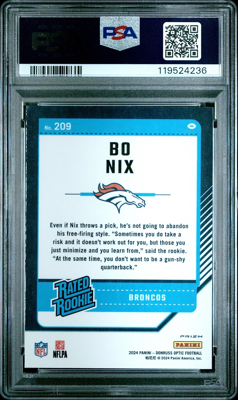 2024 Panini Donruss Optic 209 Bo Nix Fire PSA 10