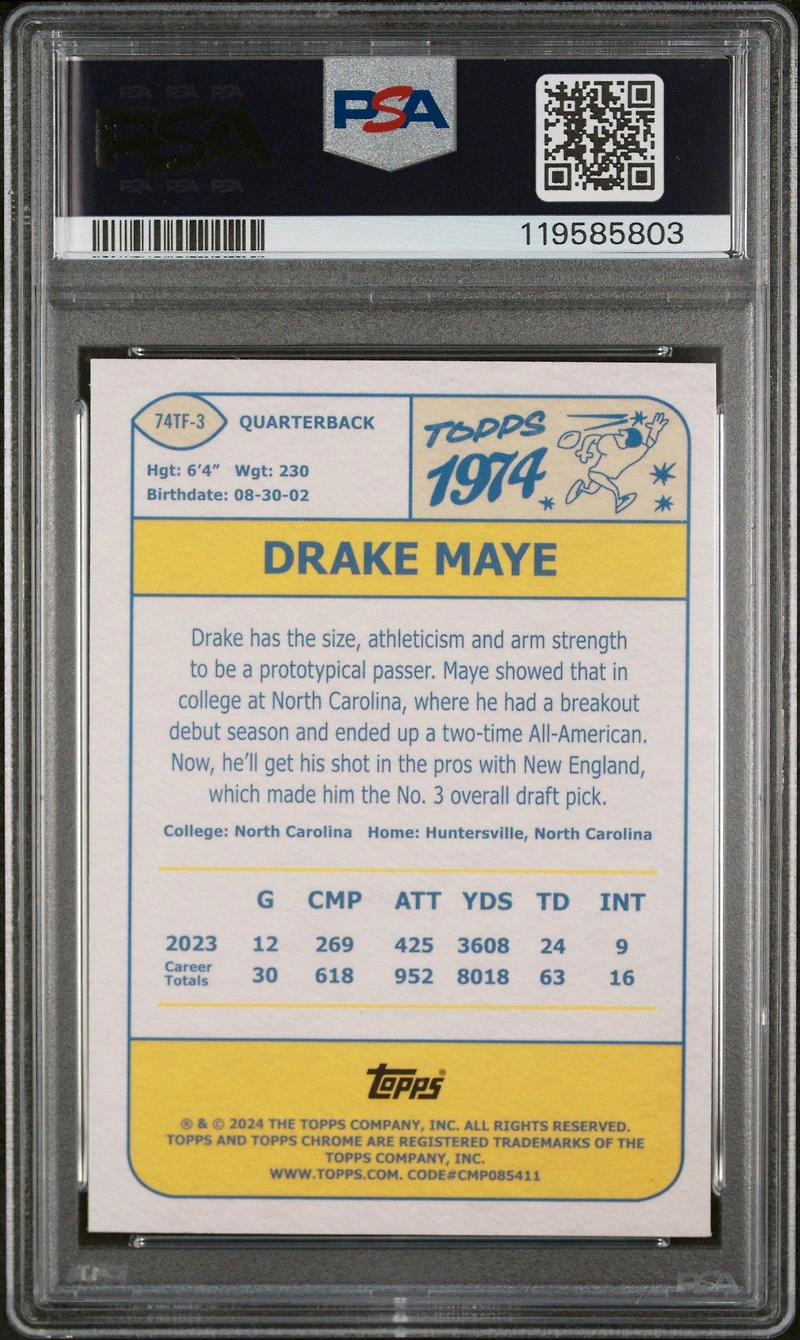 2024 Topps Chrome 1974 Topps Football 74tf3 Drake Maye PSA 10