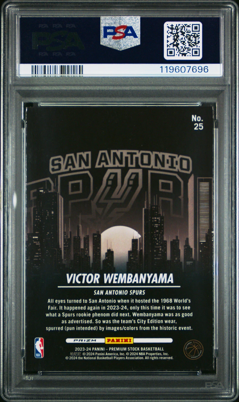 2023 Panini Hoops Premium Stock City Edition 25 Victor Wembanyama Silver Prizm PSA 10