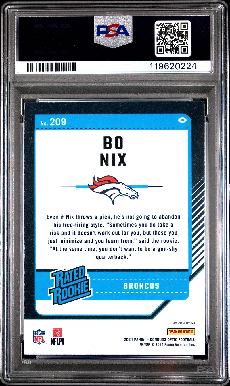 2024 Panini Donruss Optic 209 Bo Nix Purple Scope PSA 10
